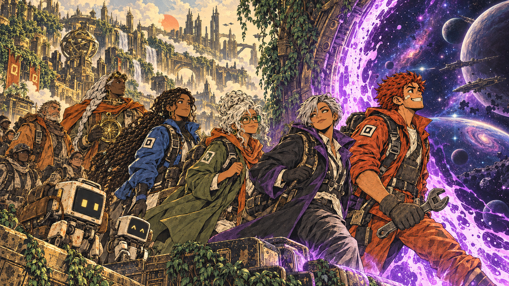 The Elite Four and fellow Archivists departing Inkwell through a violet portal into the universe