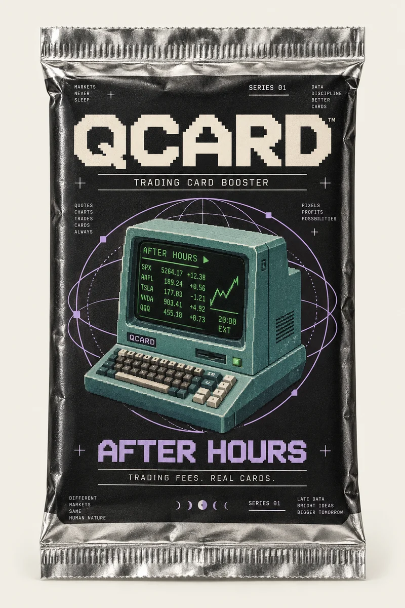 QCARD After Hours booster pack with a teal pixel-art terminal