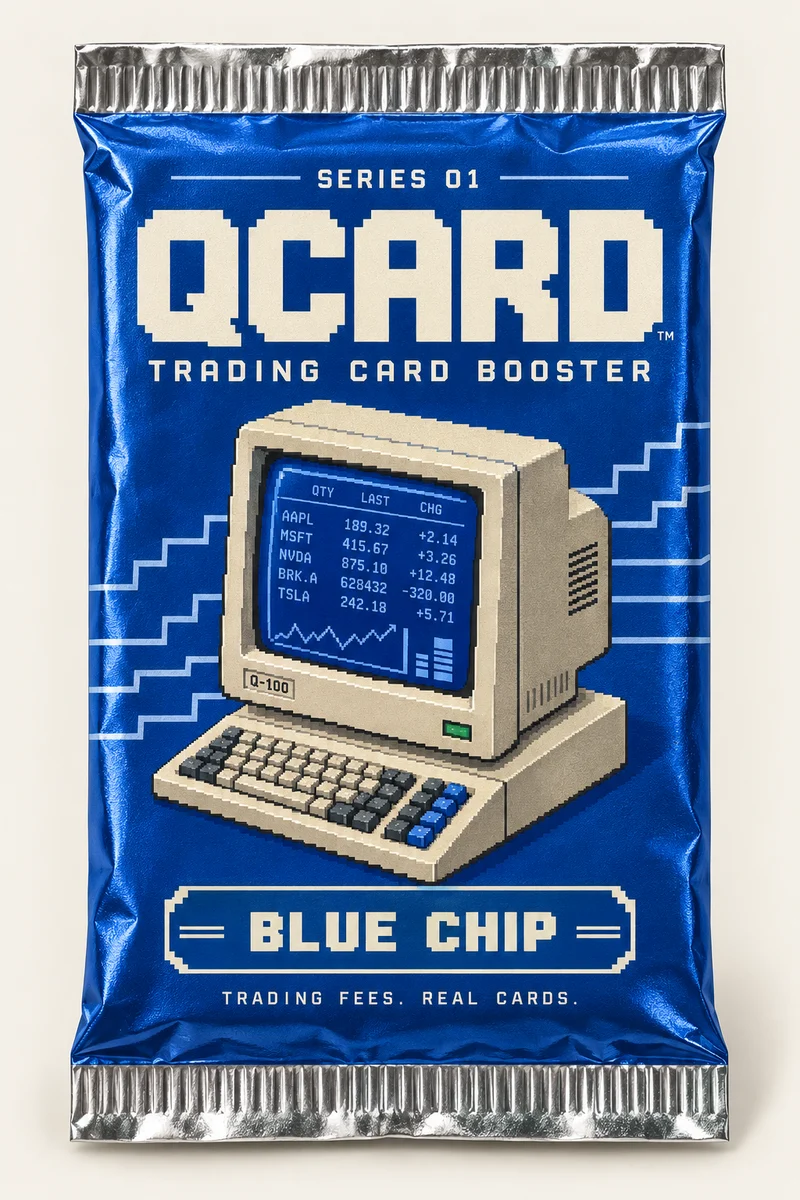 QCARD Blue Chip pack in cobalt foil with an original pixel-art terminal