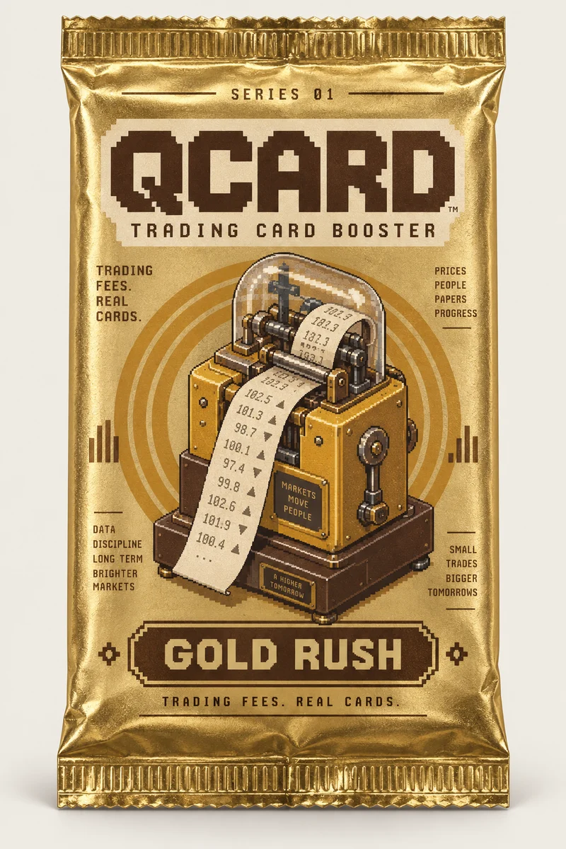 QCARD Gold Rush pack in gold foil with an original glass-domed stock ticker