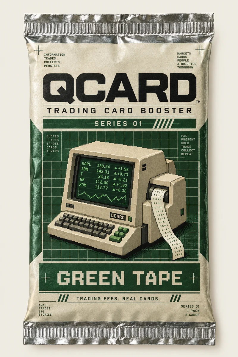 QCARD Green Tape booster pack with a vintage ticker terminal